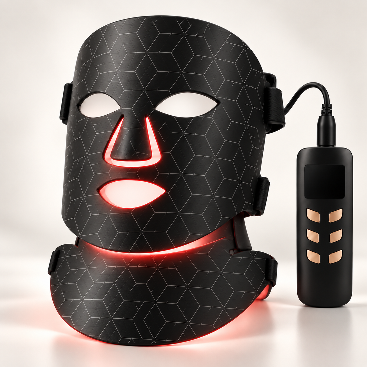 Silkeshud Aura LED-mask i svart med halsdel