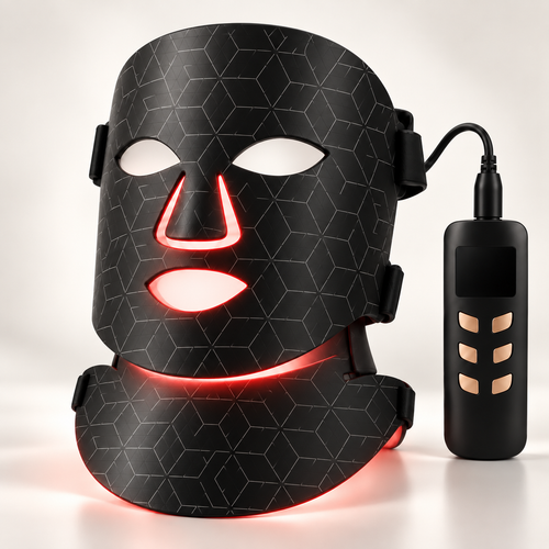 Silkeshud Aura LED-mask i svart med halsdel