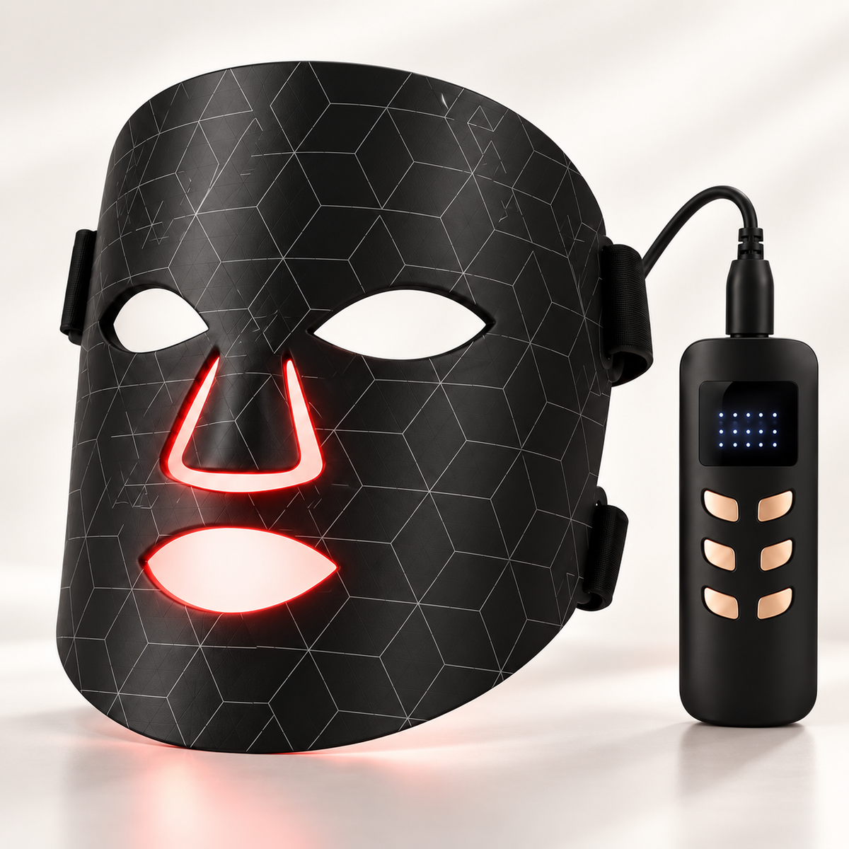 Silkeshud Aura LED-mask i svart med kontrollenhet