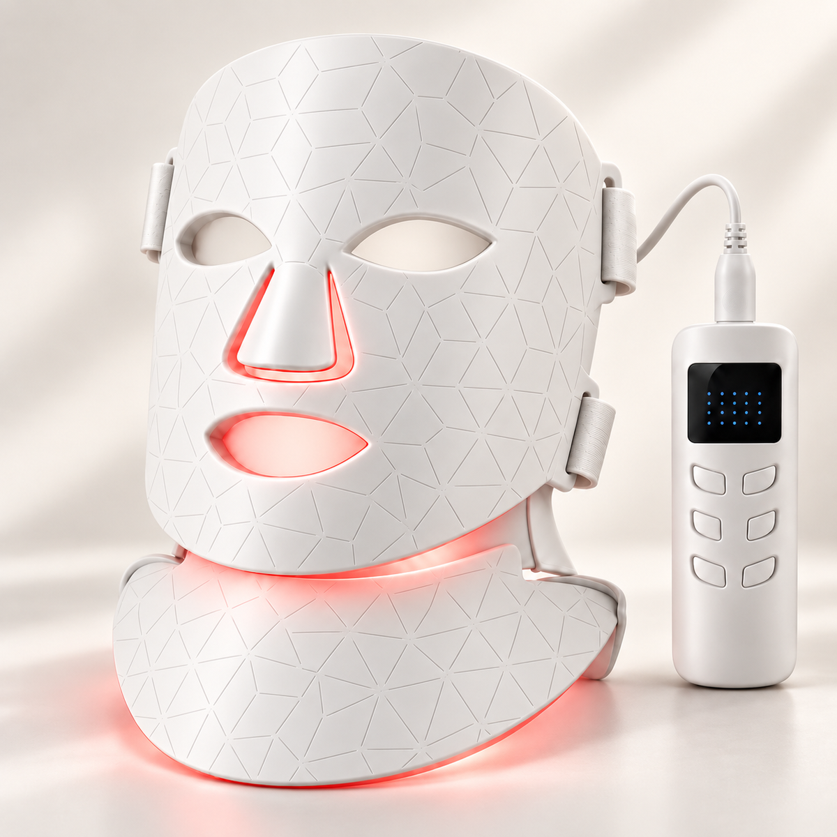 Silkeshud Aura LED-mask i vitt med halsdel