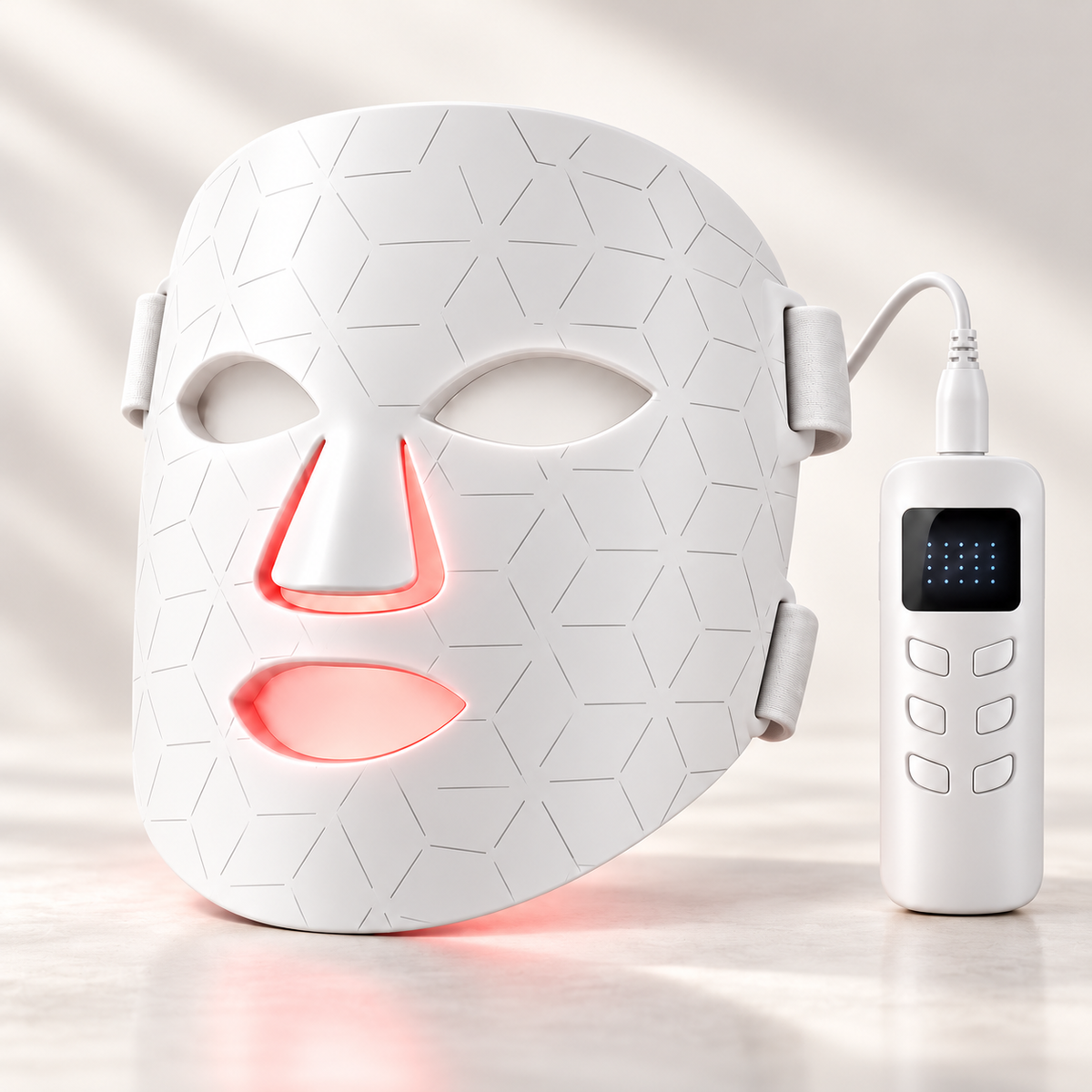 Silkeshud Aura LED-mask i vitt med kontrollenhet