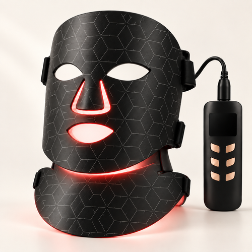 Silkeshud Aura LED-mask i svart med halsdel