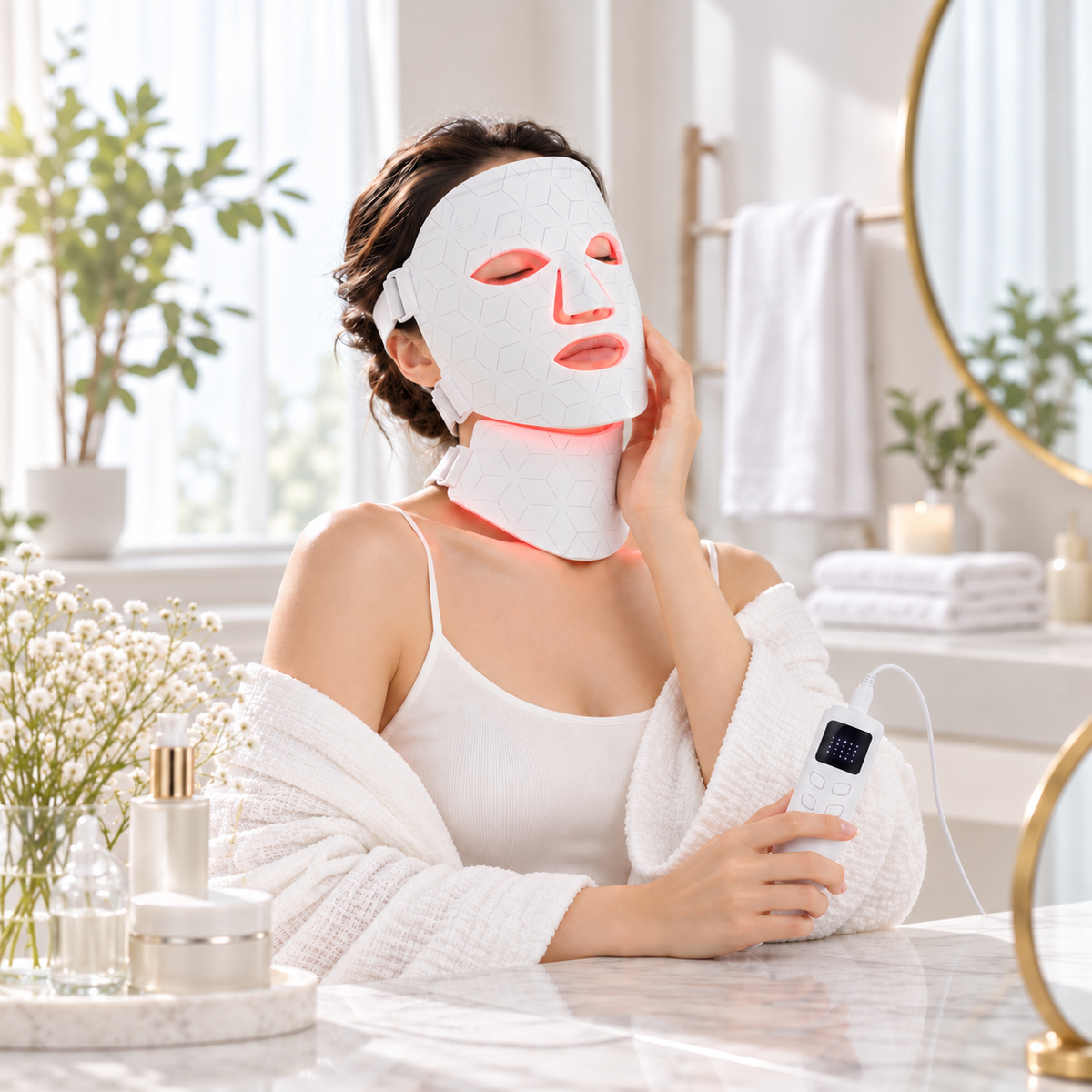 Kvinna använder Silkeshud Aura LED-mask hemma