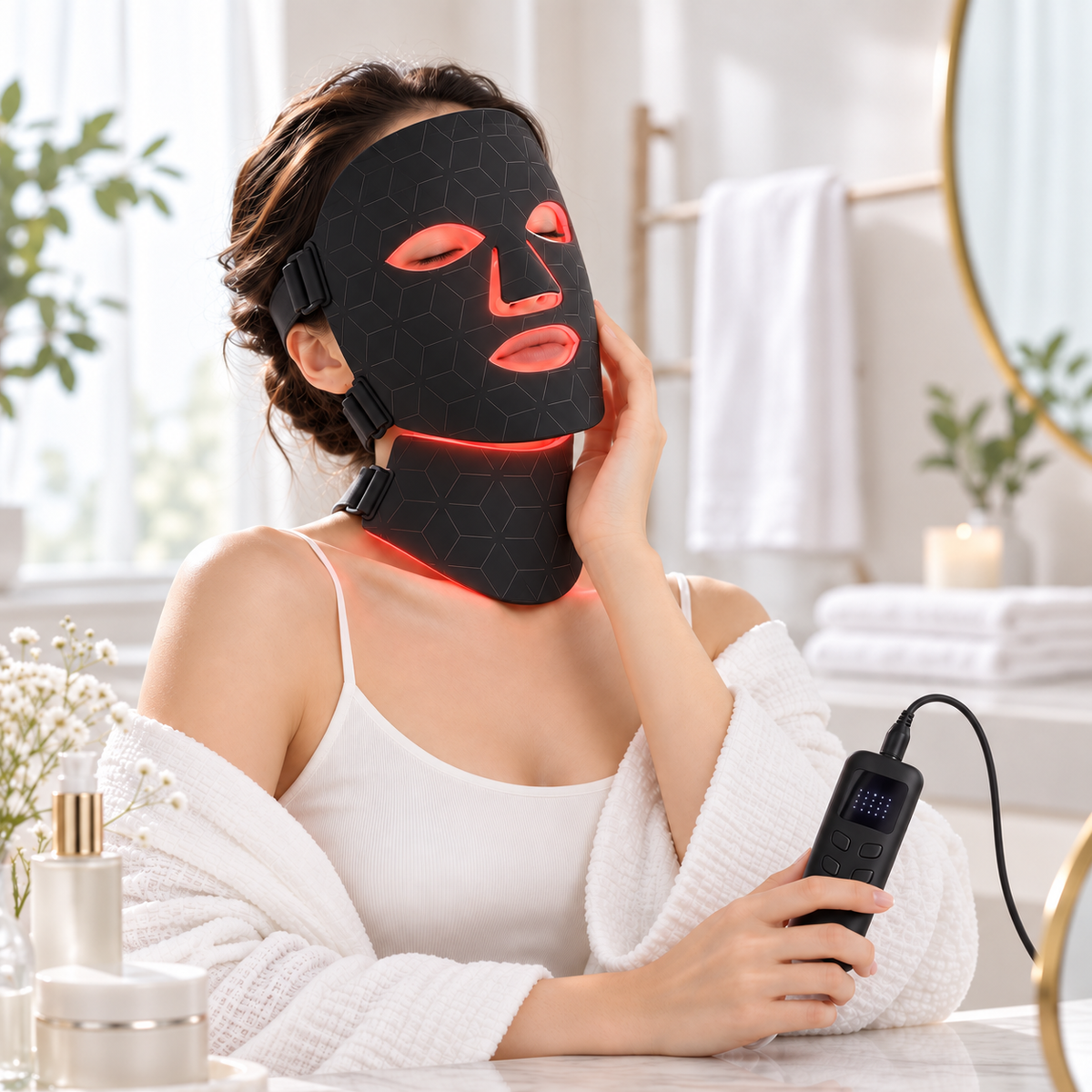 Kvinna använder Silkeshud Aura LED-mask hemma