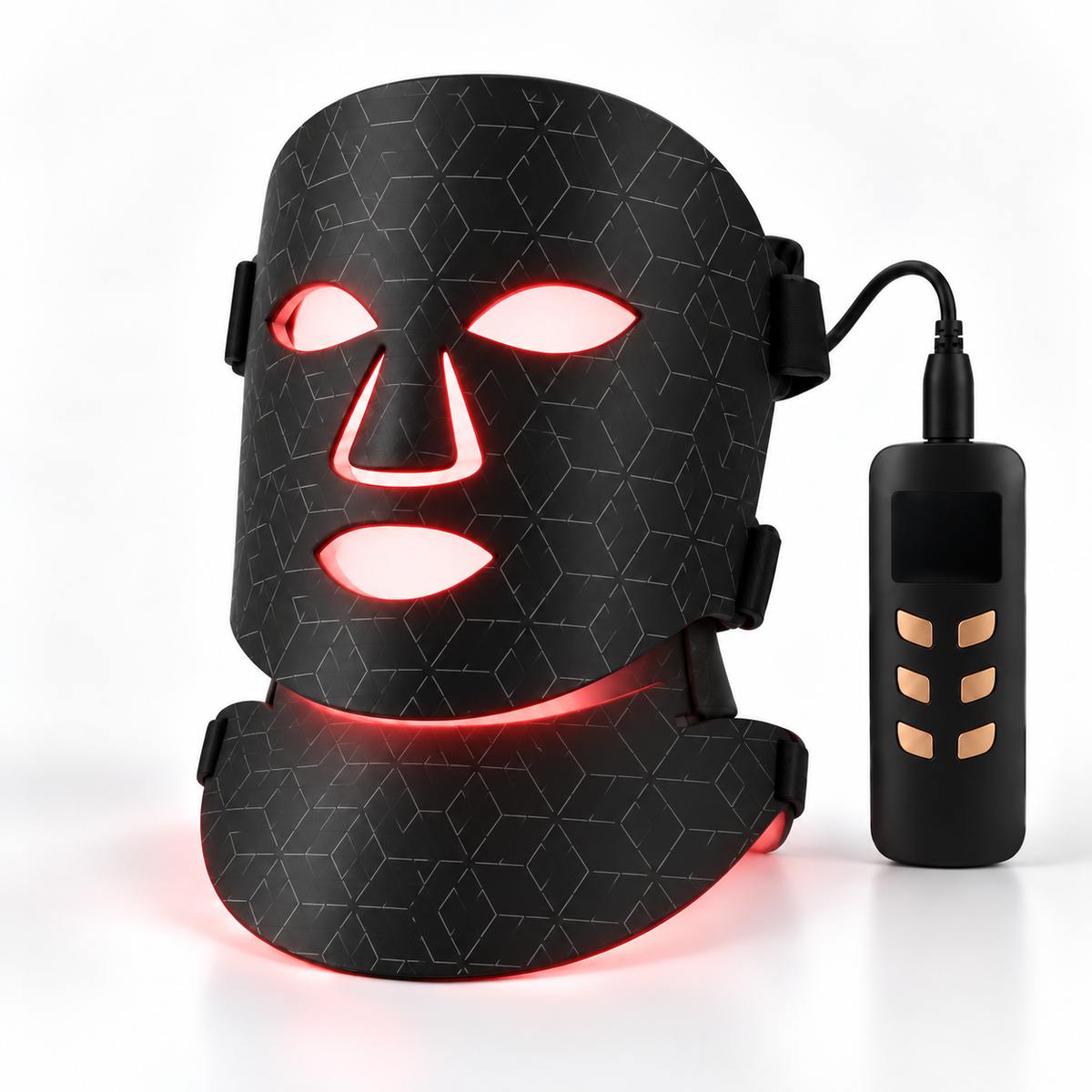 Silkeshud Aura LED-mask i svart med halsdel