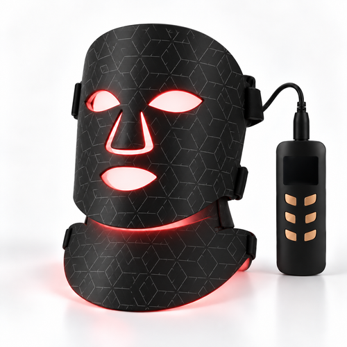 Silkeshud Aura LED-mask i svart med halsdel