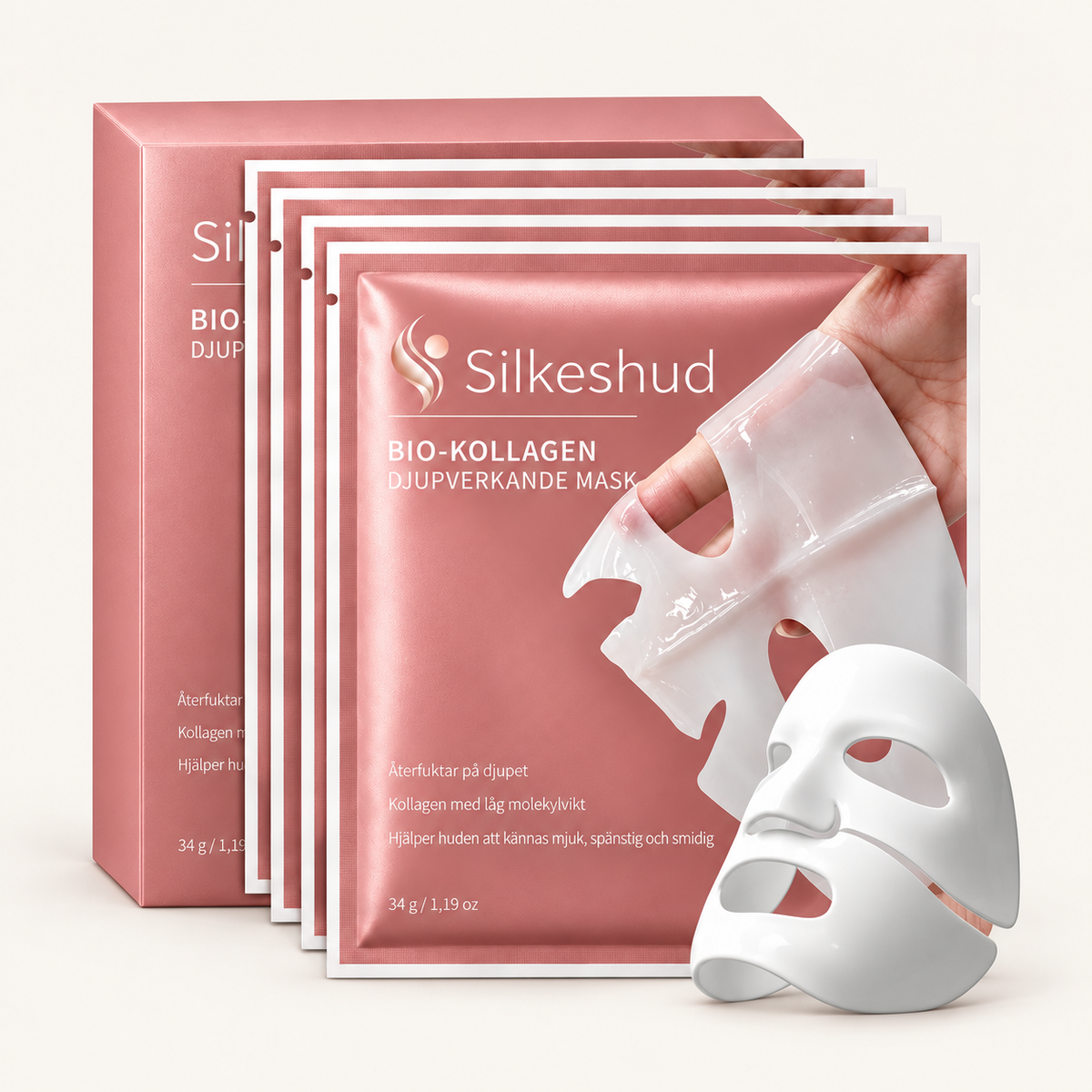 Silkeshud Glow med box, fyra portionspåsar och tvådelad mask på varm off-white bakgrund
